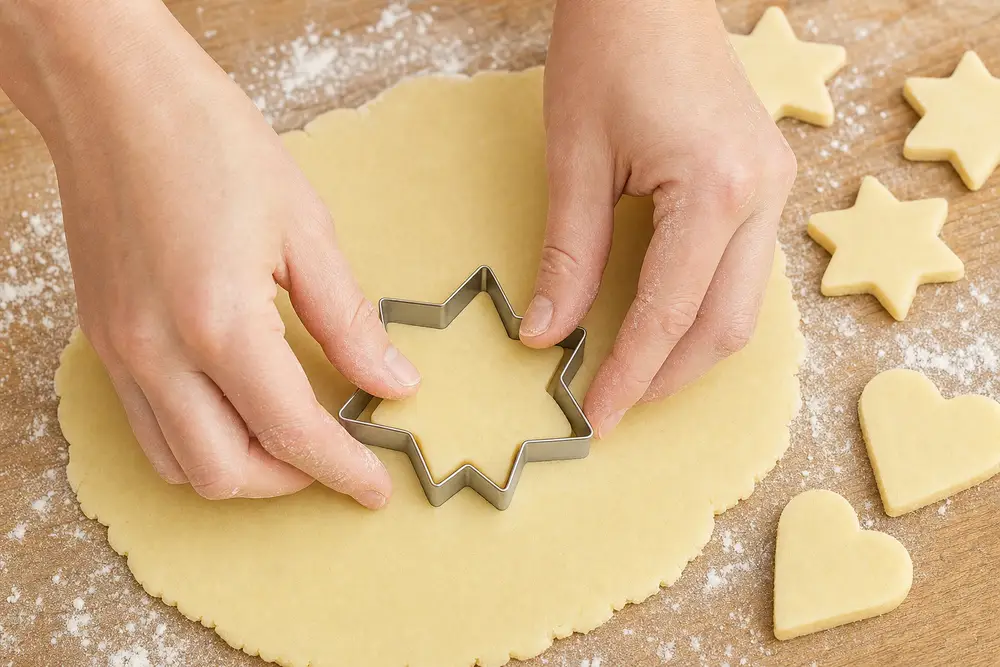 Deux mains pressent un emporte-pièce étoile dans une pâte sablée étalée, avec des biscuits étoiles et cœurs déjà découpés sur un plan de travail fariné